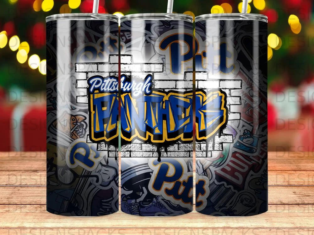 Pittsburgh Panthers graffiti design on a tumbler.