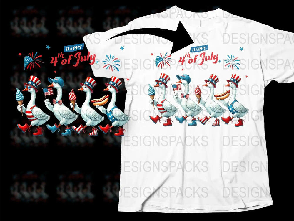 Happy 4th of July T-Shirt, Patriotic Ducks Graphic Tee, Fireworks Celebration Top, Unisex White Shirt for Independence Day