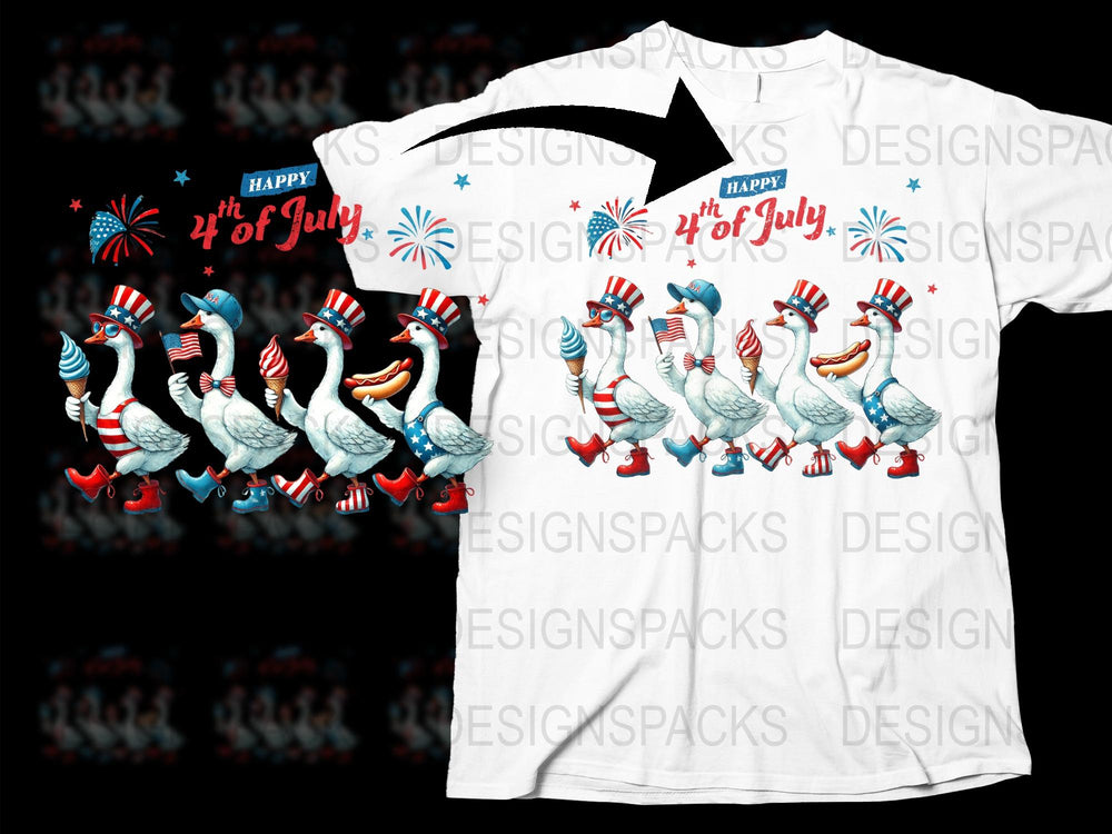 Happy 4th of July T-Shirt, Patriotic Ducks Graphic Tee, Fireworks Celebration Top, Unisex White Shirt for Independence Day