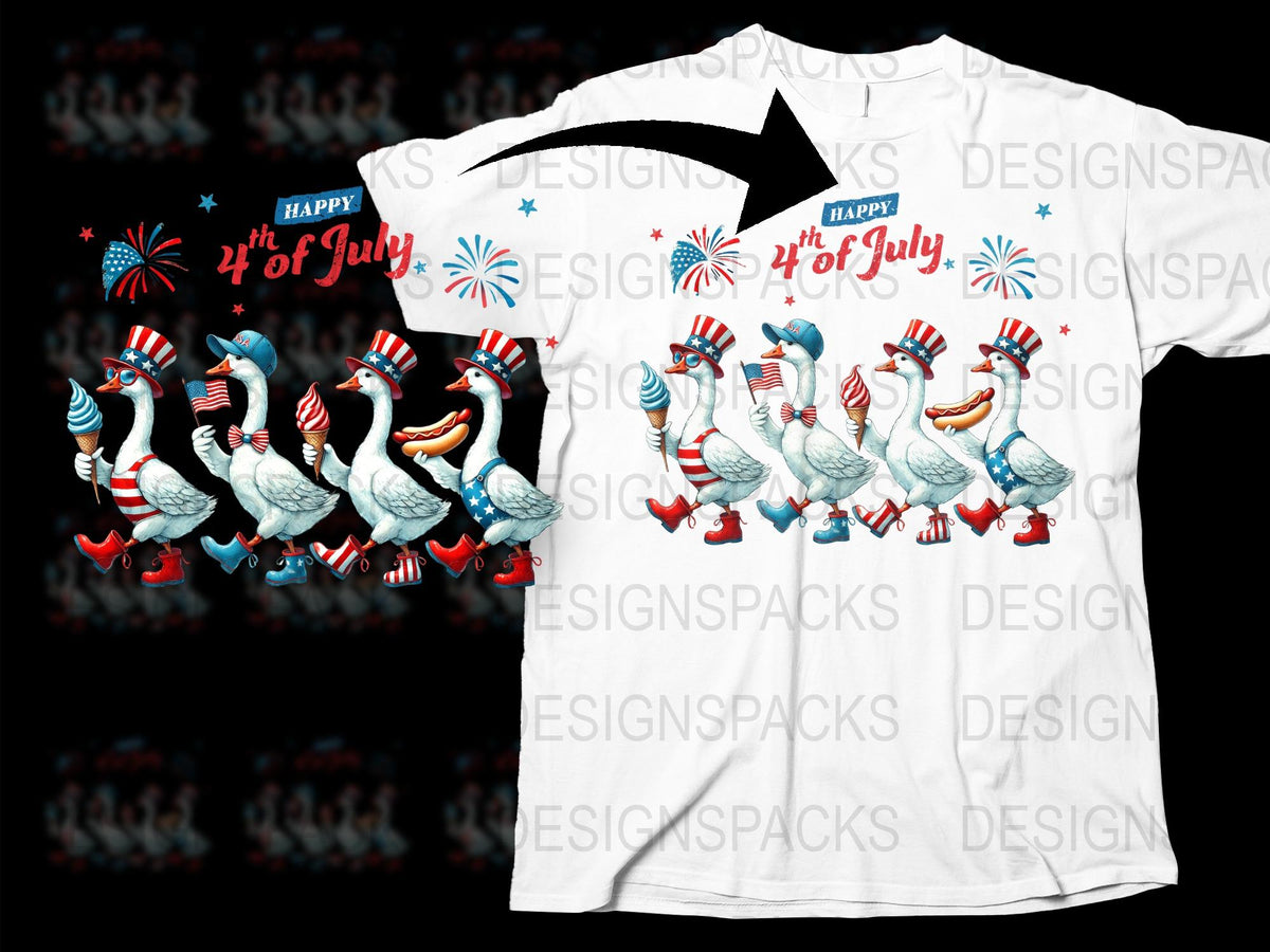 Happy 4th of July T-Shirt, Patriotic Ducks Graphic Tee, Fireworks Celebration Top, Unisex White Shirt for Independence Day