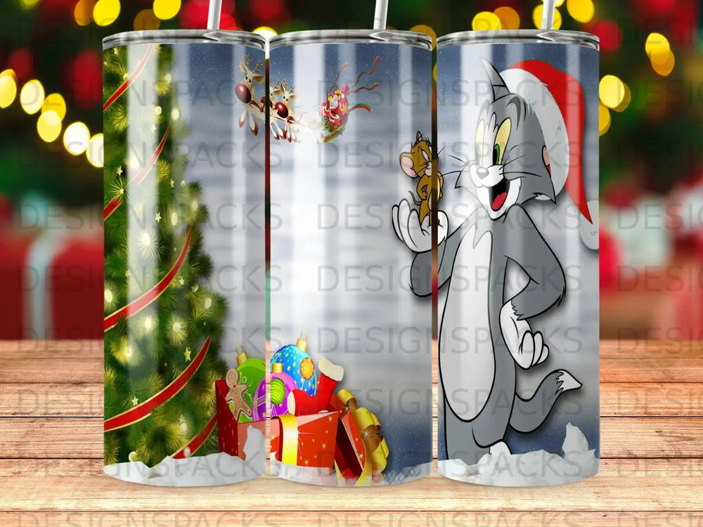 Christmas-themed tumbler with Tom the cat, presents, and a decorated tree.