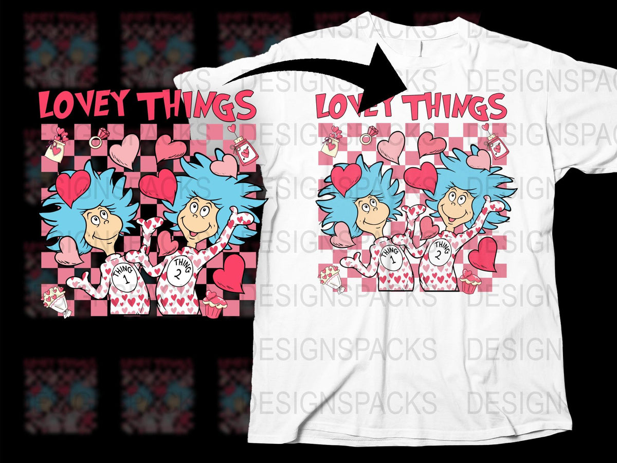 Whimsical Cartoon Heart T-shirt, Lovey Things Graphic Tee, Valentine's Day Gift, Cute Couple Shirt, Unisex Adult Clothing