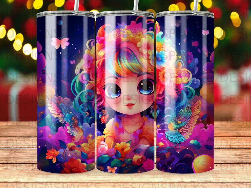 Three tumblers featuring a colorful illustration of a girl surrounded by fantastical flowers and birds.