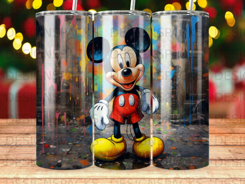 Mickey Mouse character on a colorful, splattered paint background.
