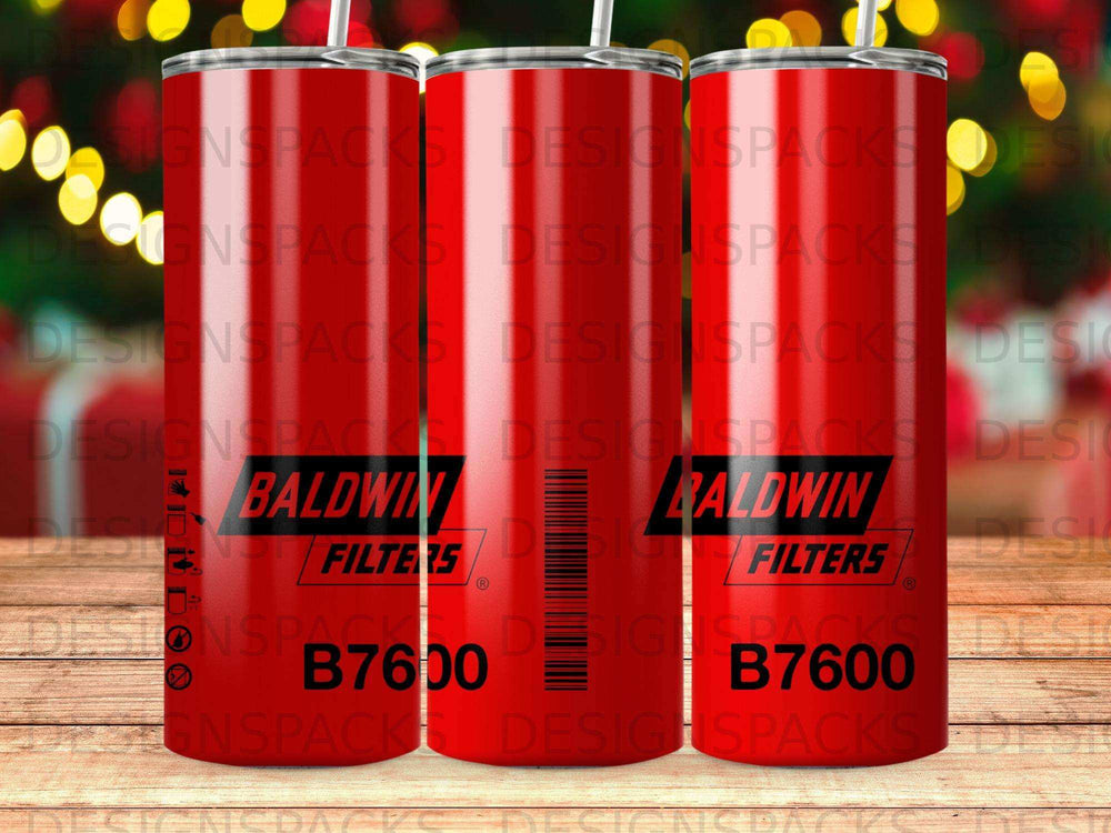 Three red Baldwin Filters B7600 tumblers with white text and logos.