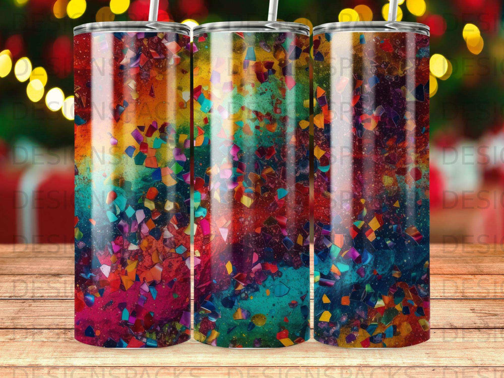 Tumbler with colorful confetti and abstract watercolor background design.