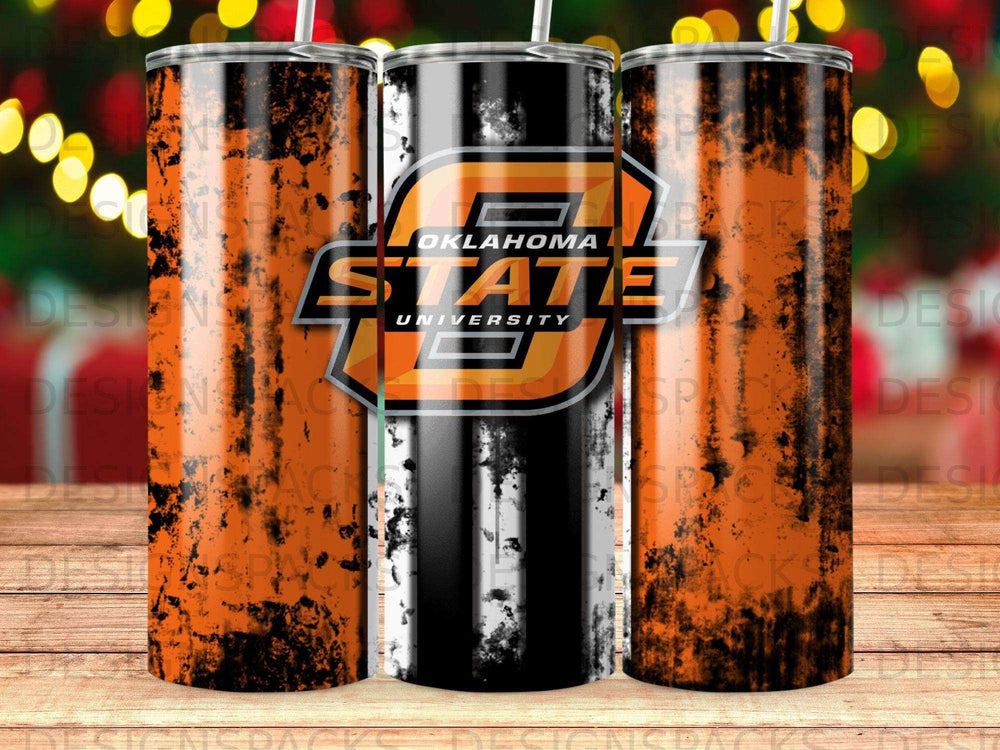 Oklahoma State University logo on an orange and black distressed tumbler.