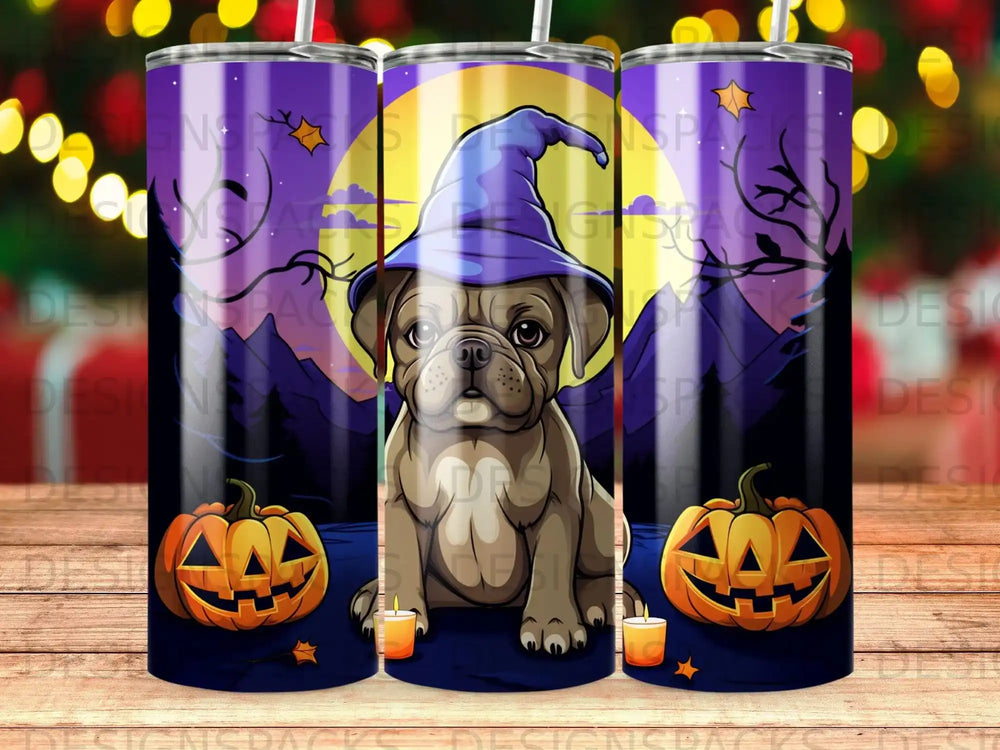 French bulldog wearing a witch hat with pumpkins and candles, Halloween theme.