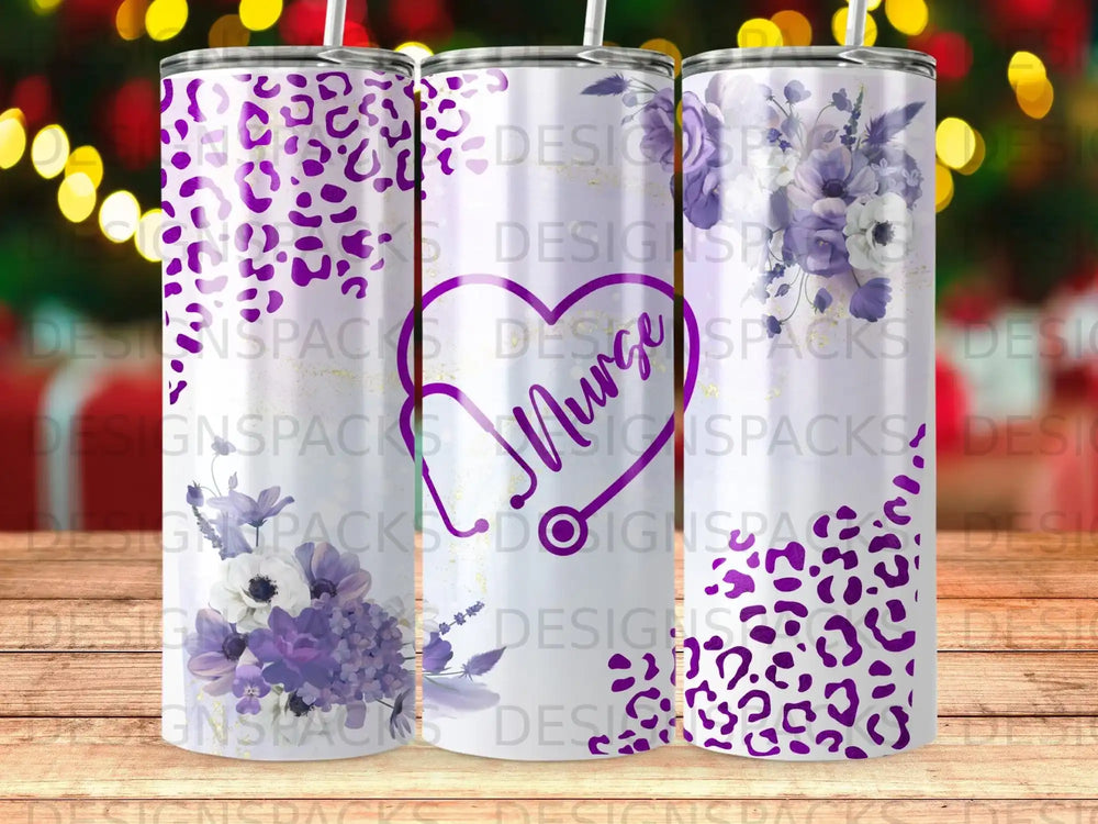 Purple leopard print and floral tumbler with "Nurse" text.
