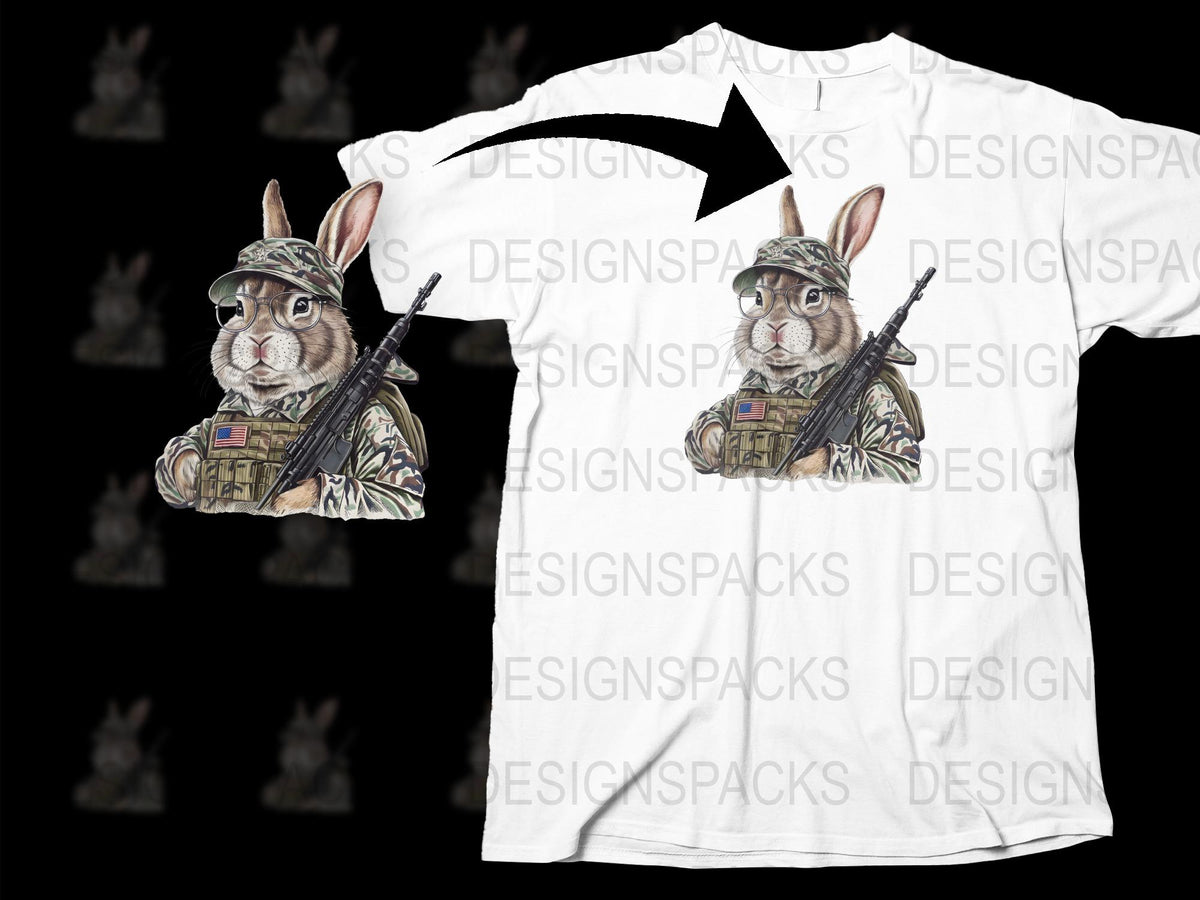 Rabbit Soldier T-Shirt, Funny Animal Print, Military Bunny Graphic Tee, Unisex Casual Shirt