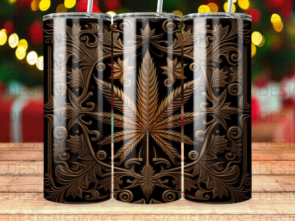 Triptych of tumblers featuring a dark brown ornate cannabis leaf design.