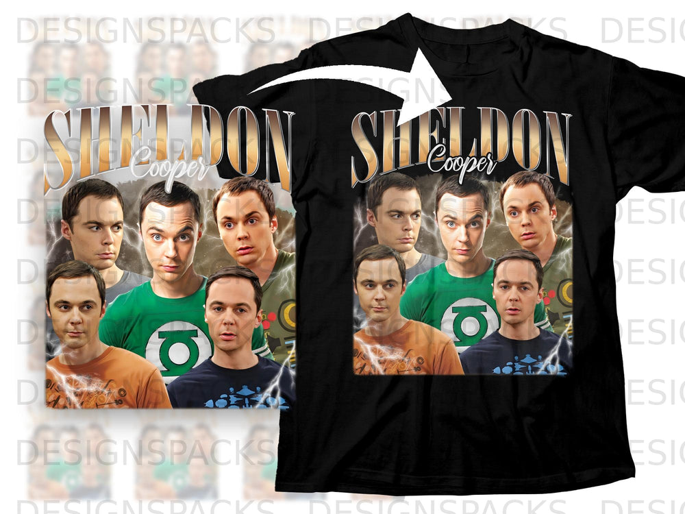 Sheldon Cooper graphic with multiple portraits on a black t-shirt.