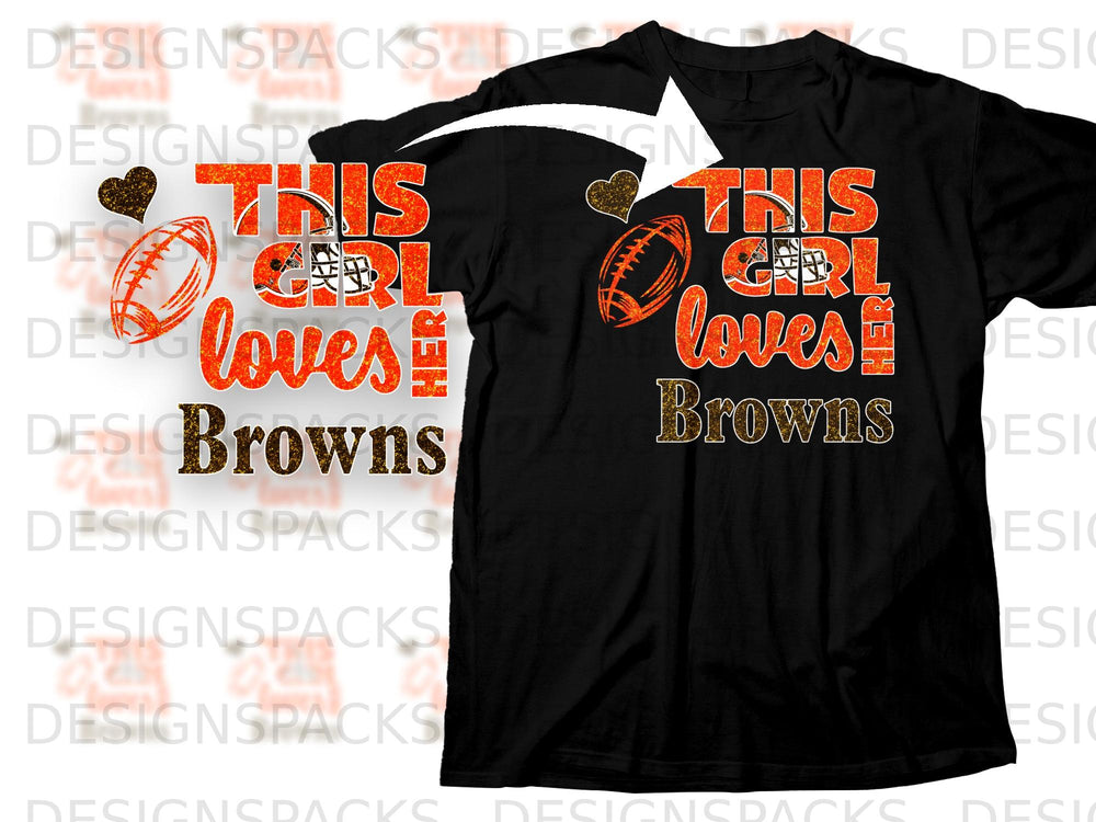 This girl loves Browns graphic on a black t-shirt with football and heart graphics.