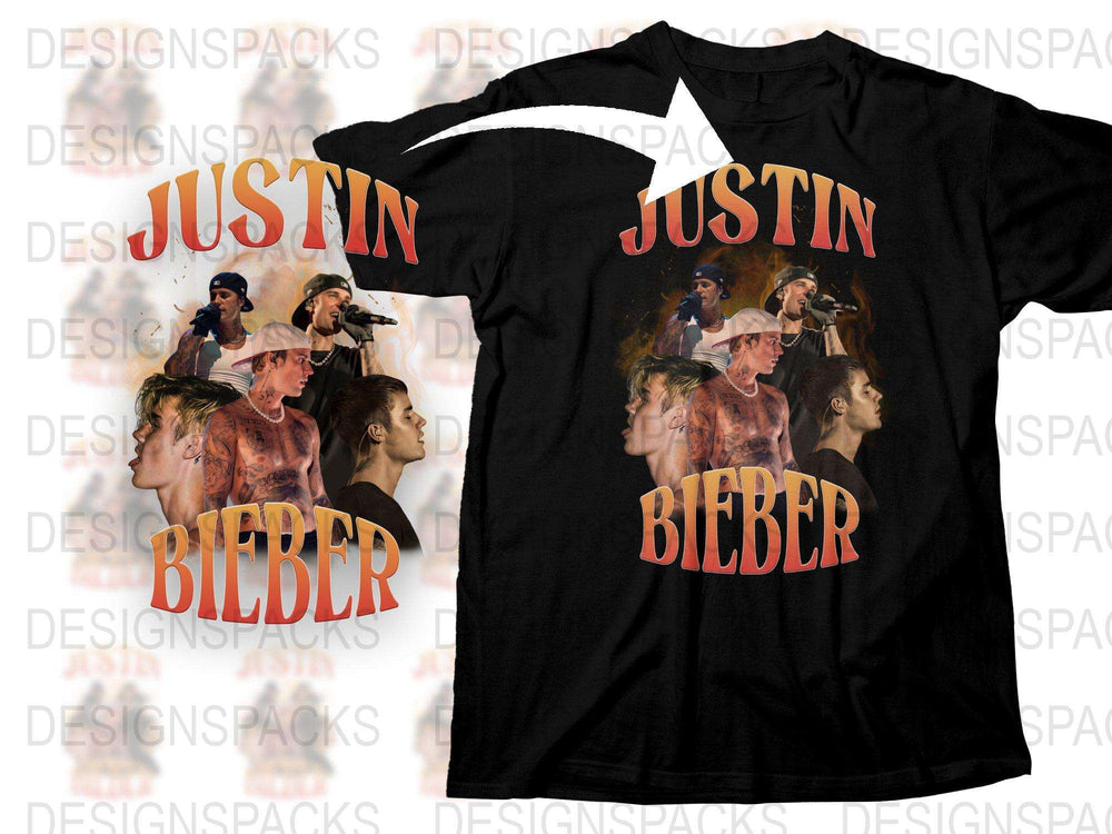 Justin Bieber Themed T-Shirt, Pop Music Star Graphic Tee, Black Fan Merchandise Shirt, Multiple Poses Design