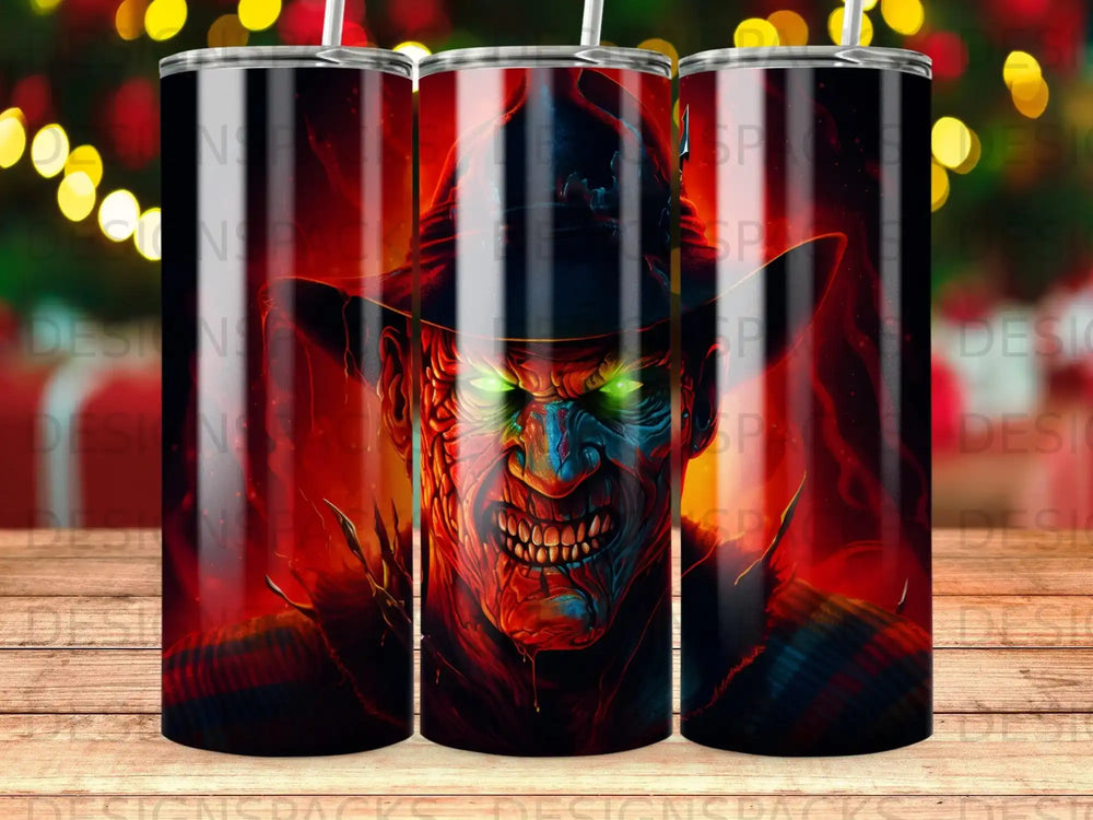 Scary, glowing-eyed monster wearing a hat, on a cylindrical tumbler.
