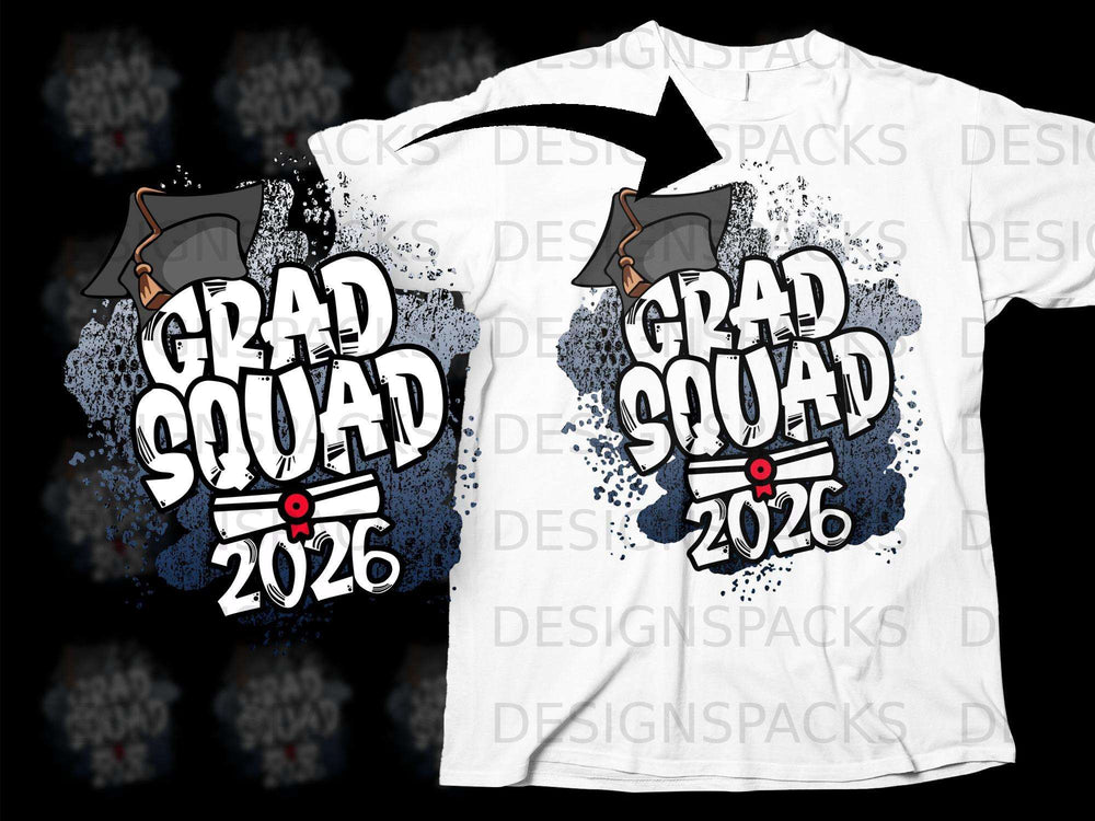 White t-shirt with "Grad Squad 2026" text and graduation cap graphic.