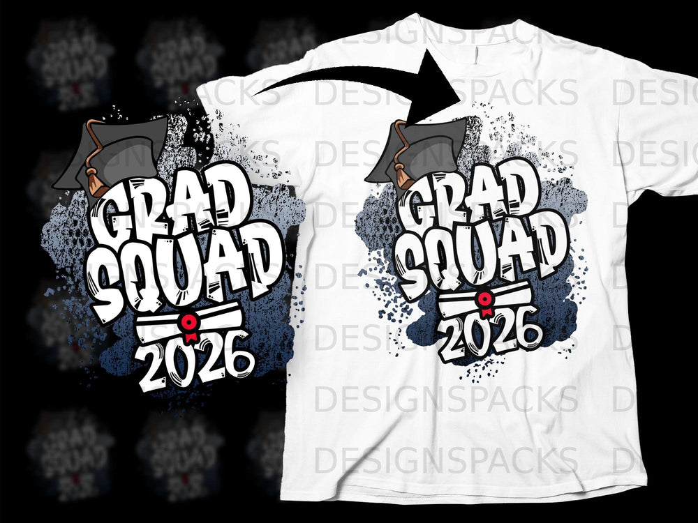 White t-shirt with "Grad Squad 2026" text and graduation cap graphic.
