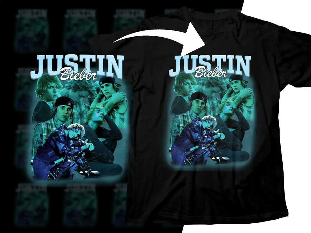 Justin Bieber collage t-shirt design with multiple poses and teal lighting effect