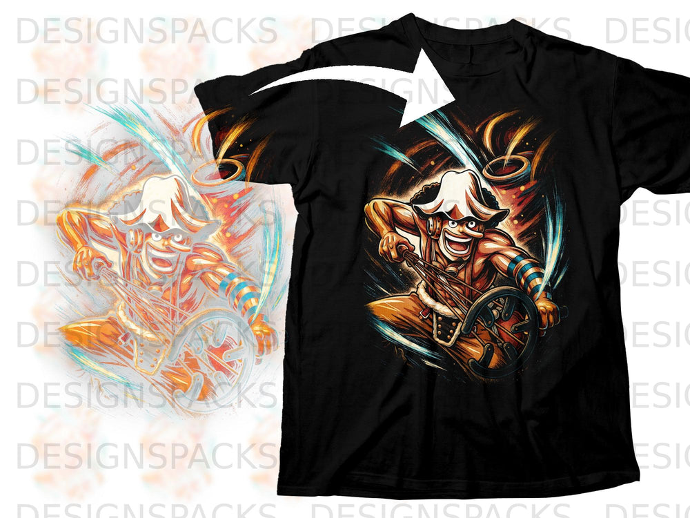Black t-shirt with a graphic of a smiling character in a white hat holding a mechanical device.