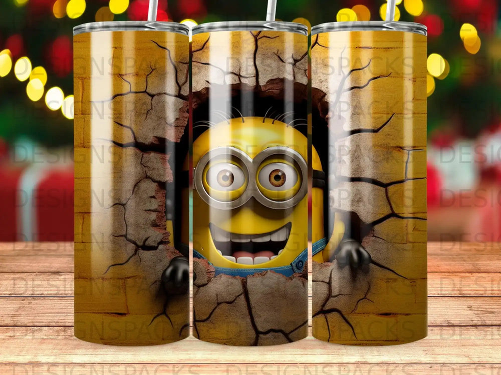 Minion character breaking through a cracked surface, printed on a cylindrical tumbler.