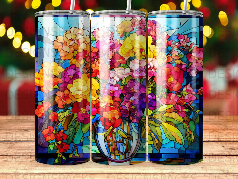 Stained glass vase filled with colorful flowers against a blurred background.