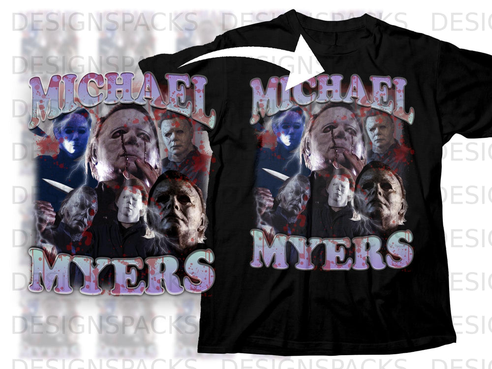 Black t-shirt with Michael Myers collage and text.
