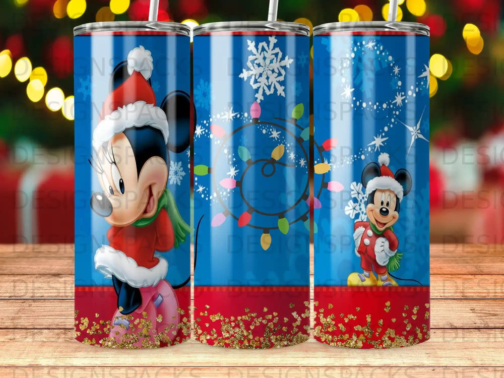 Mickey Mouse in Christmas pajamas holding a gift, with snowflakes and lights.
