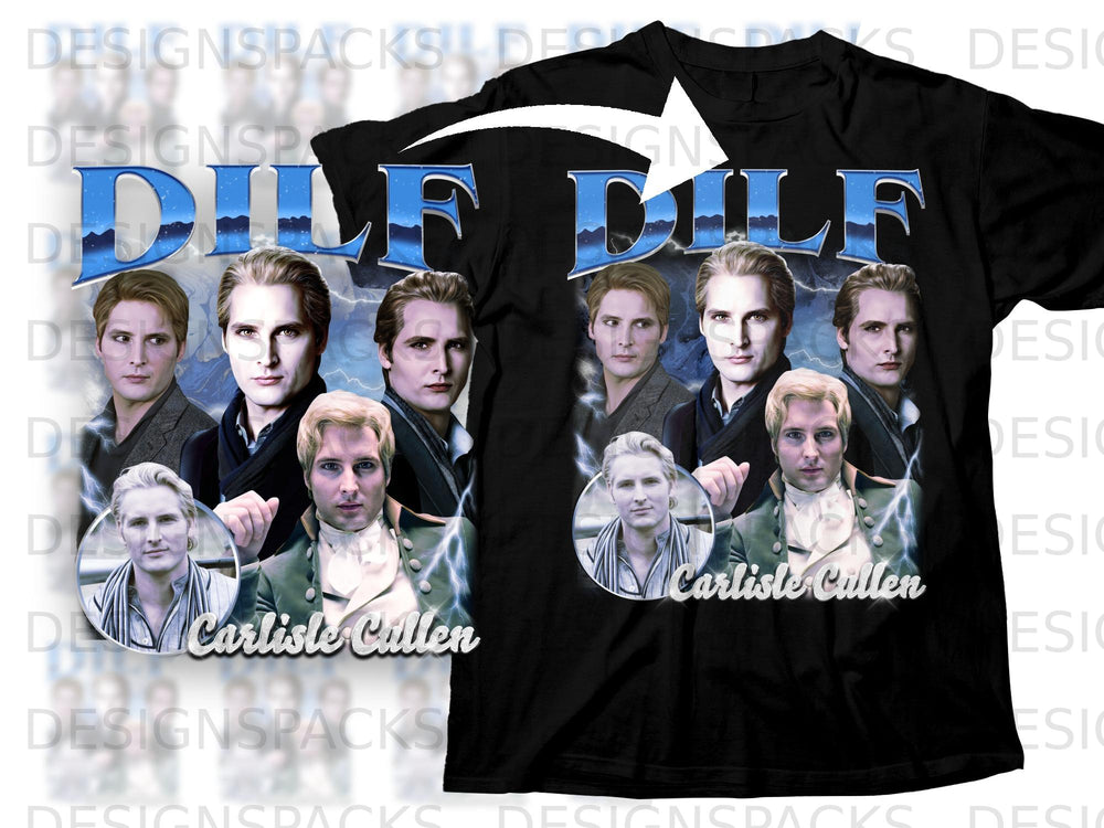 Black t-shirt with "DILF" text and a collage of Carlisle Cullen images.