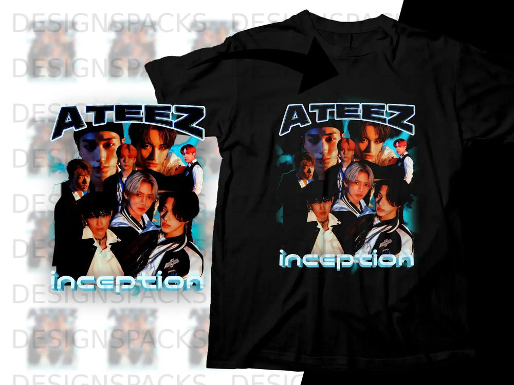 ATEEZ Inception album art on a black t-shirt.