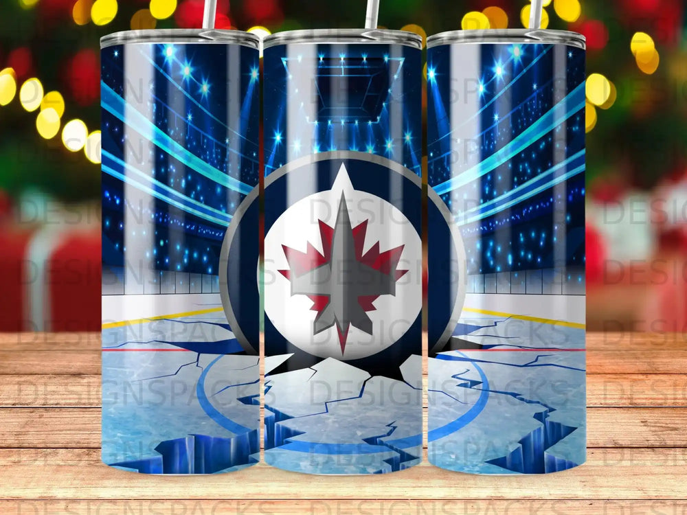 Winnipeg Jets hockey team logo on cracked ice in arena.