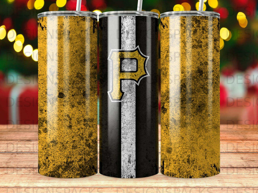 Pittsburgh Pirates tumbler with distressed yellow and black stripes.