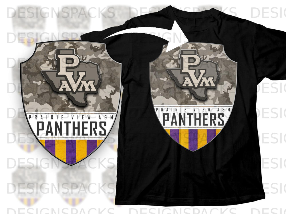 Black t-shirt with a shield logo featuring "Prairie View A&M Panthers" and camouflage.