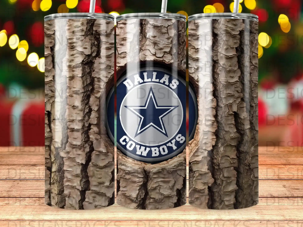 Dallas Cowboys logo on a wood-grain tumbler with a blurred festive background.