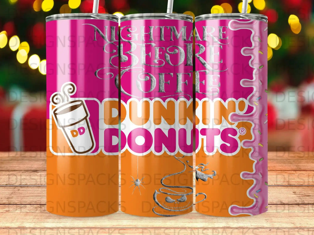 Tumbler with Nightmare Before Dunkin' Donuts design and coffee cup graphic.