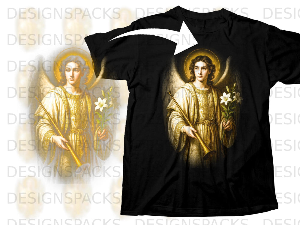 Black t-shirt with an angel holding a trumpet and lilies.