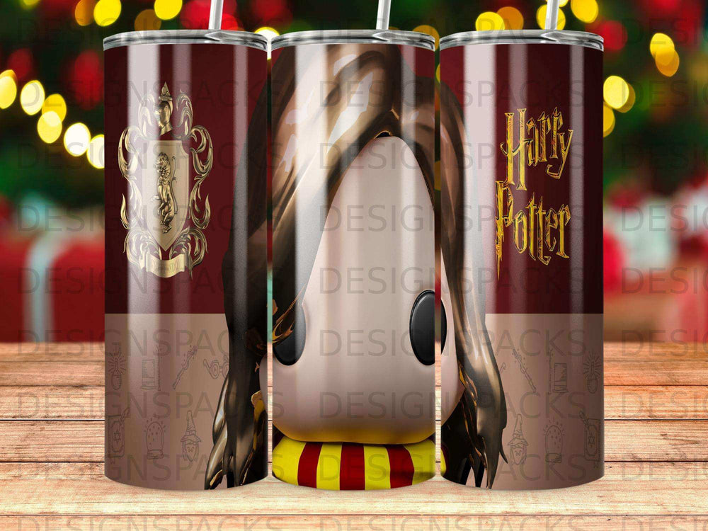 Three tumblers with Harry Potter house crests and gold lettering.
