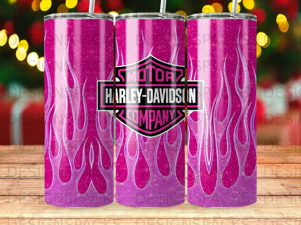 Pink Harley-Davidson company logo with flames on a tumbler.