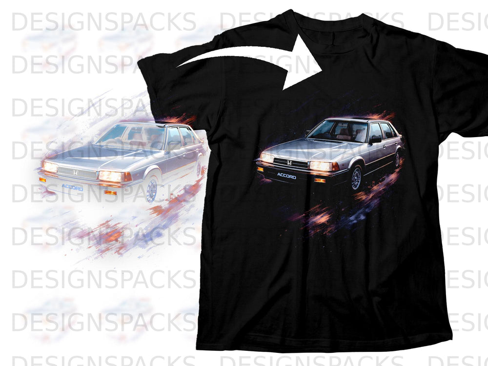 Black t-shirt with a silver Honda Accord graphic and stylized explosion effect.