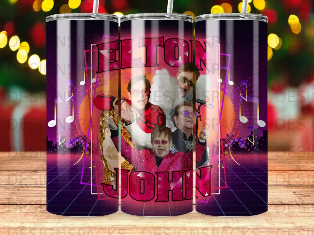 Elton John in a pink sequined suit with sunglasses, retro vibrant background.