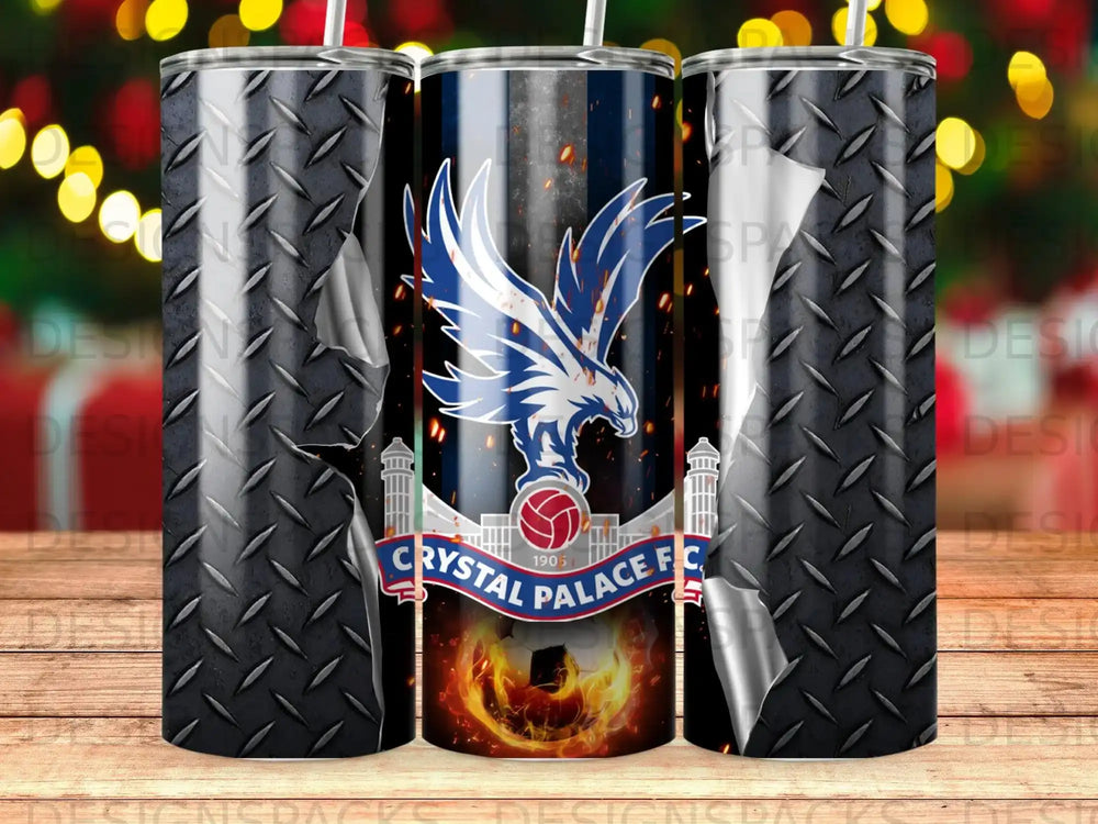 Crystal Palace FC tumbler with eagle logo and fiery soccer ball.