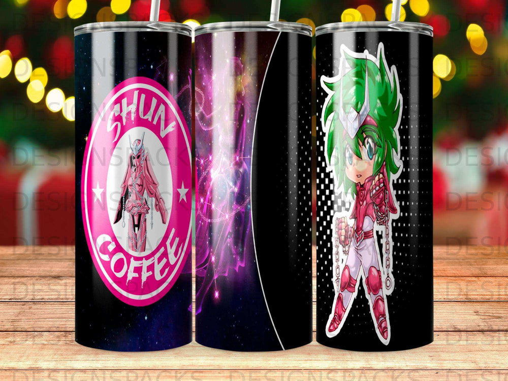 Anime character Shun de Andromeda from Saint Seiya on a tumbler.