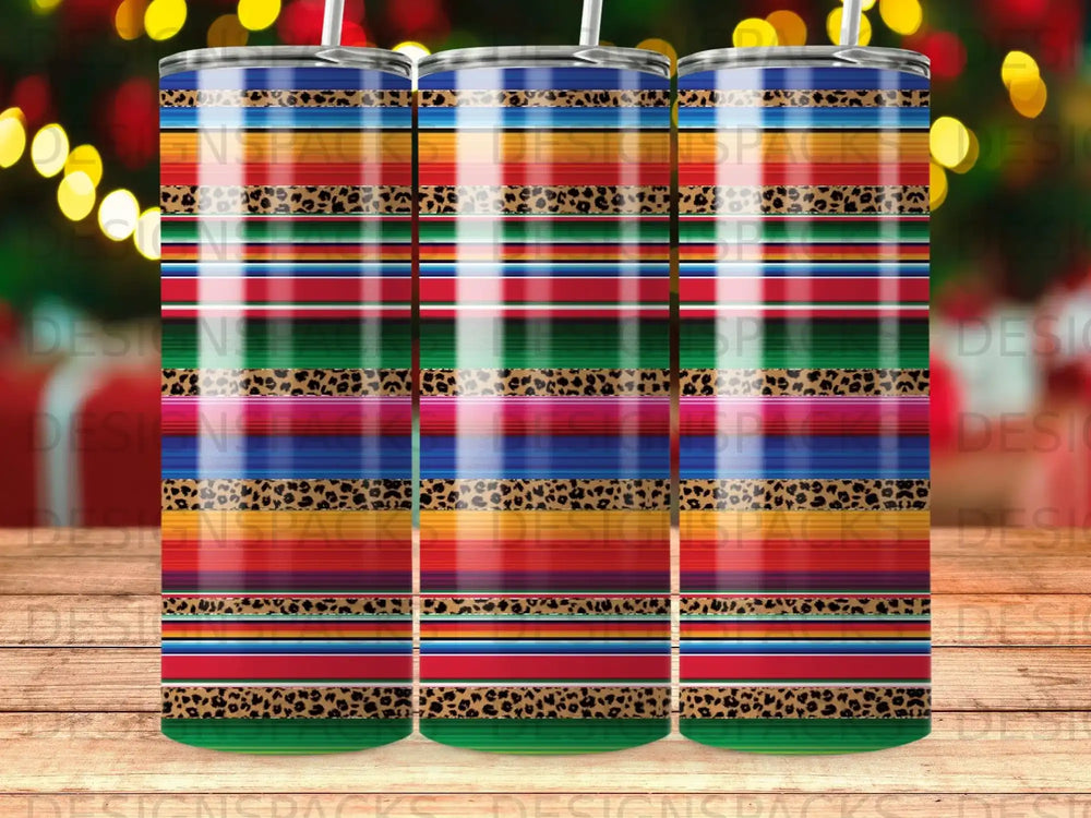 Striped tumbler with leopard print and colorful horizontal bands.