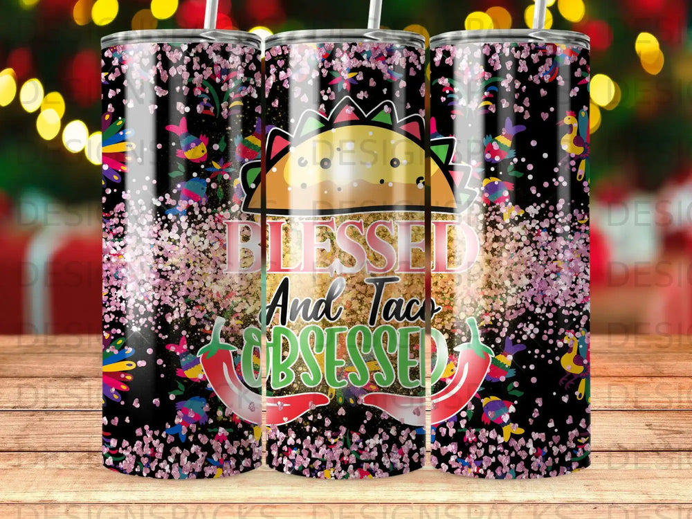 Blessed and Taco Obsessed tumbler with tacos and chili peppers.