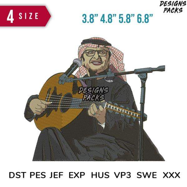 Embroidery design of man in keffiyeh playing guitar with mic, available in DST PES JEF formats, 4 sizes