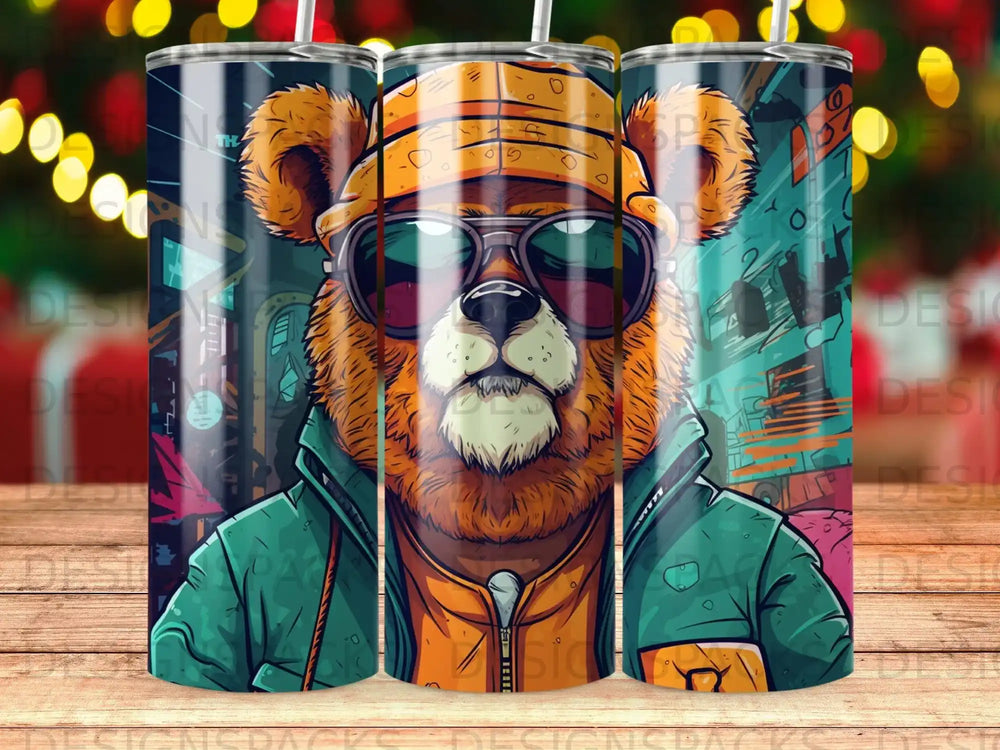 Cool cartoon bear wearing sunglasses and a green jacket.