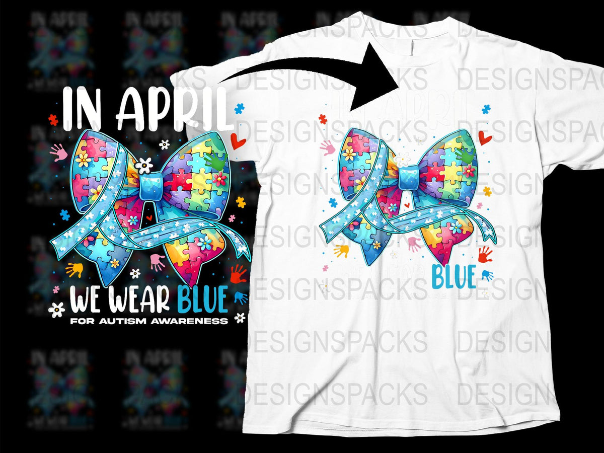 Autism Awareness T-Shirt, Blue Puzzle Piece Ribbon Design, In April We Wear Blue, Colorful Autism Support Tee