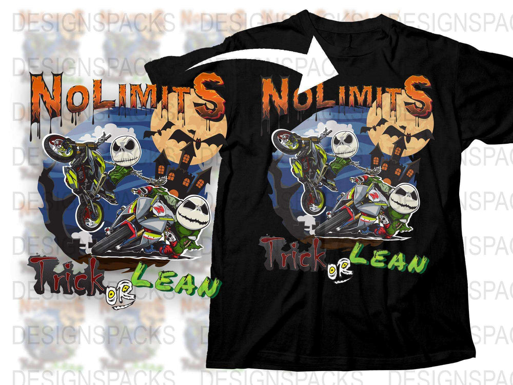 Halloween Skeleton Biker T-Shirt, Trick or Lean Spooky Graphic Tee, Motorcycle Ghost Rider, Men's and Women's Sizes Available