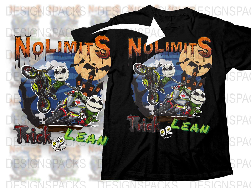 Halloween Skeleton Biker T-Shirt, Trick or Lean Spooky Graphic Tee, Motorcycle Ghost Rider, Men's and Women's Sizes Available
