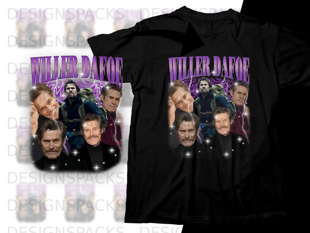 Collage of Willem Dafoe portraits on a black t-shirt.