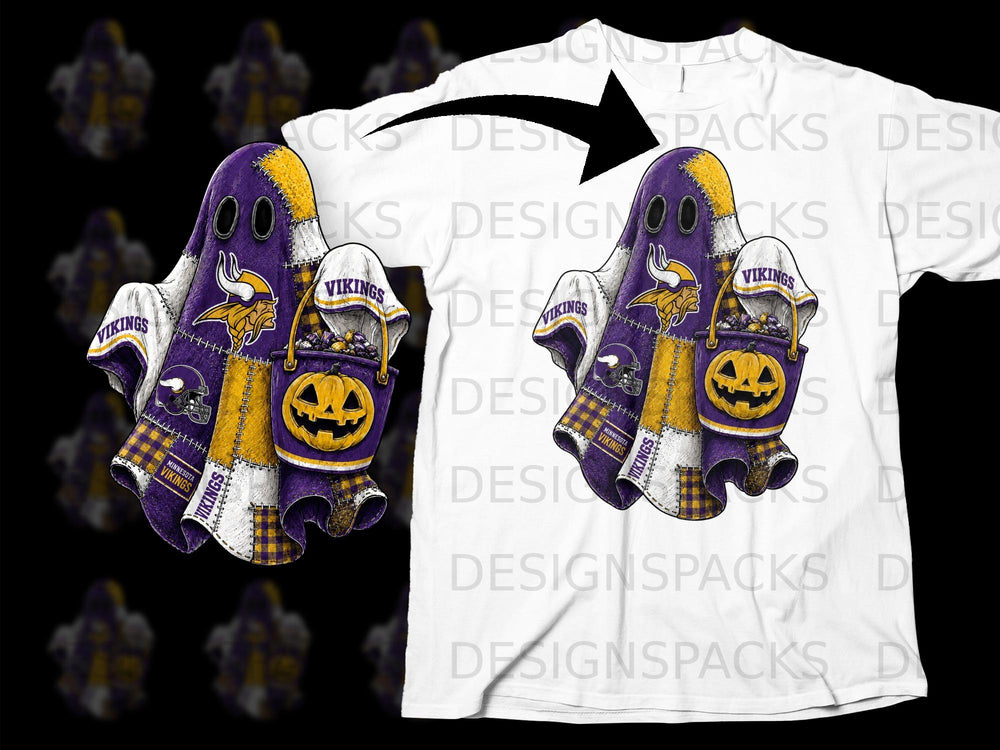 Minnesota Vikings ghost holding a pumpkin bucket with football helmets and candy.